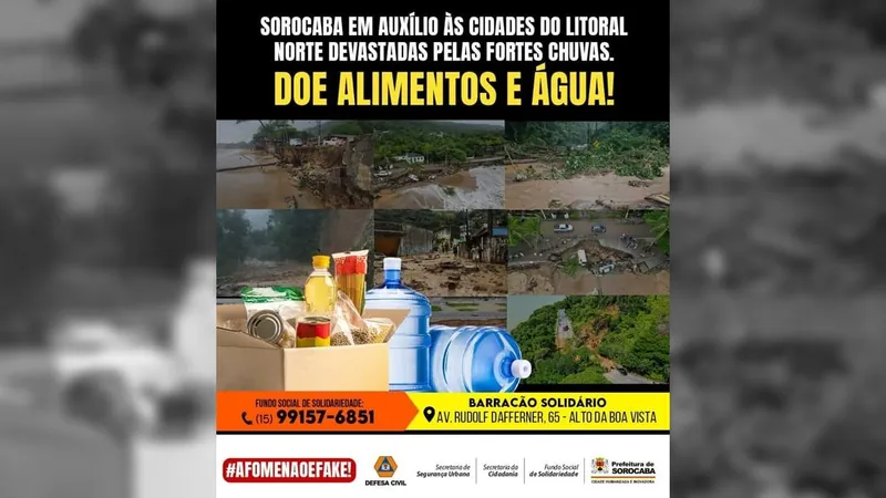 Prefeitura de Sorocaba arrecada alimentos e água para vítimas do Litoral Norte