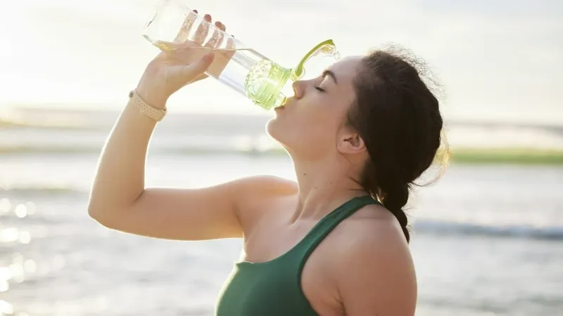 Mulher bebendo água na praia