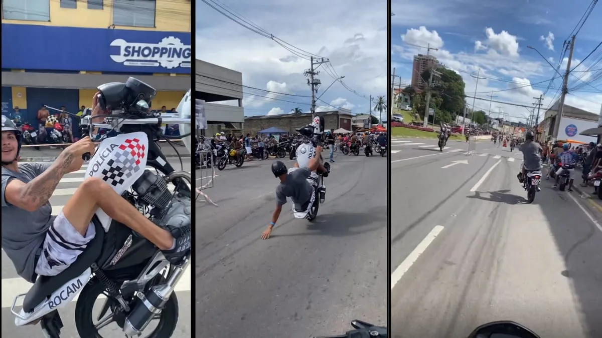 Piloto com adesivo da Rocam na moto é flagrado dando empinadas