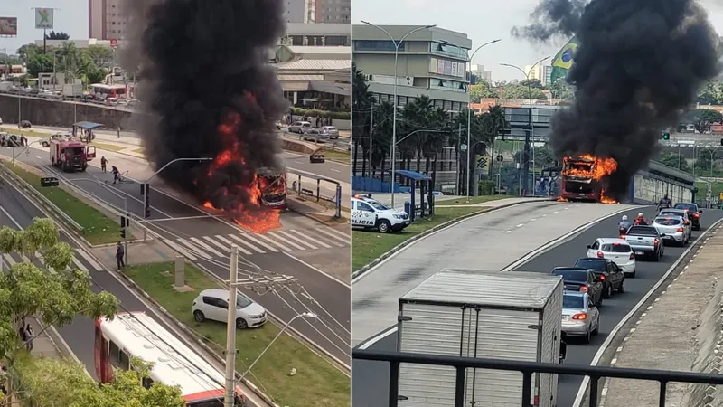 Ônibus pega fogo na Avenida John Boyd Dunlop; pista é bloqueada