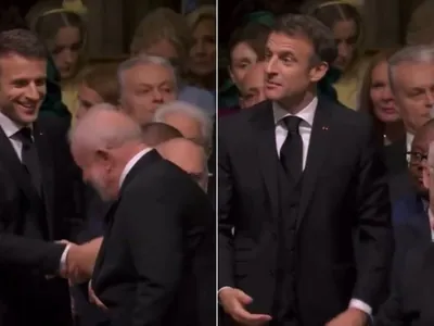 Lula cumprimenta Emmanuel Macron na coroação do rei Charles III; vídeo