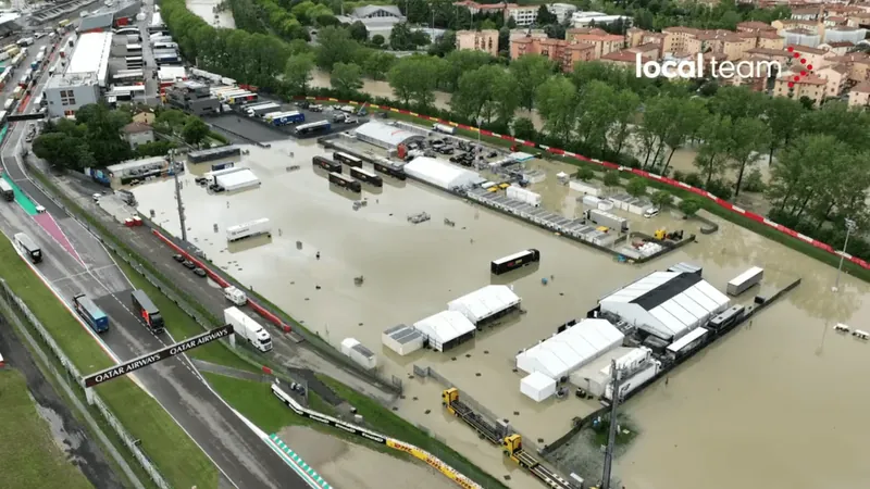 Imagens de drone mostram inundação provocada por chuvas em circuito da F1