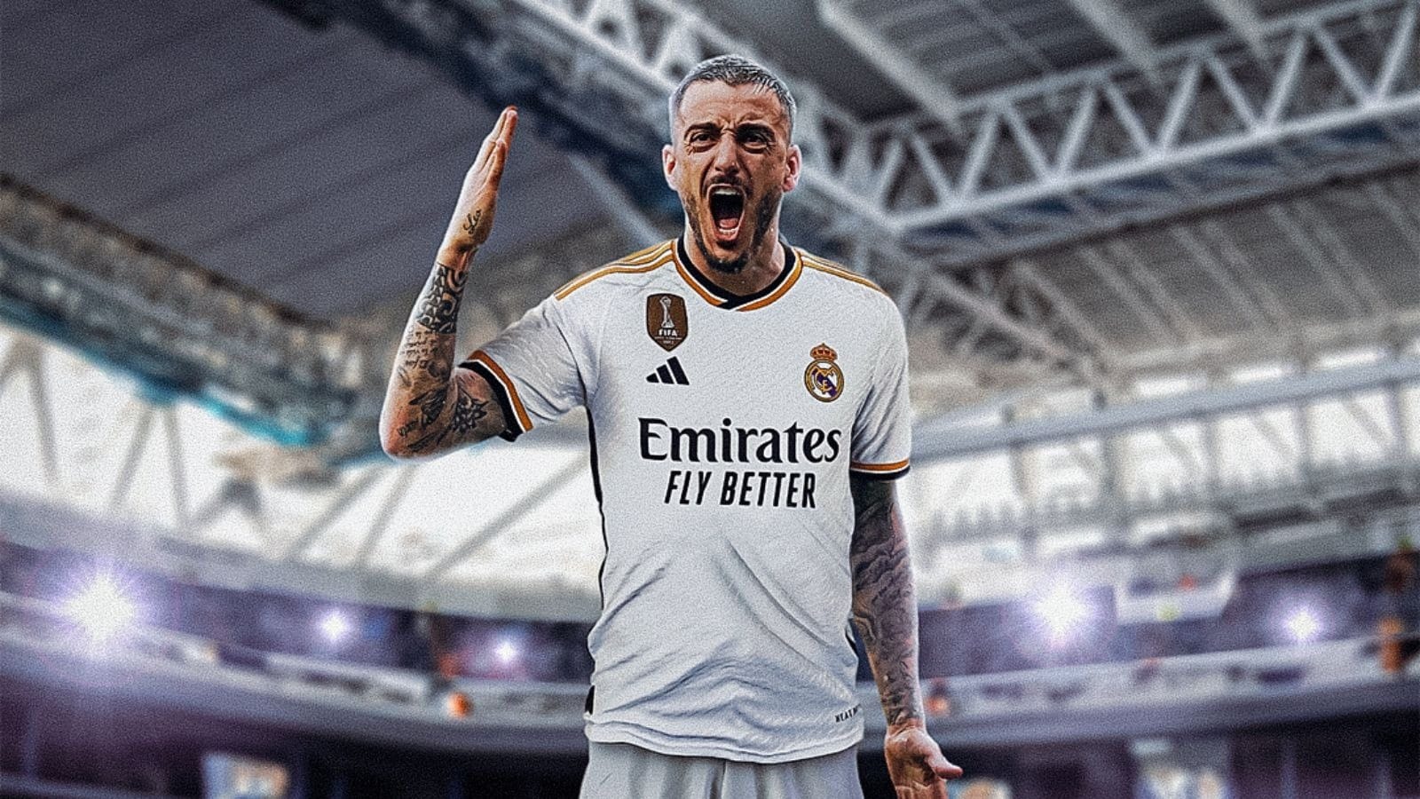  The image shows a photo of Spanish professional footballer, Joselu, who plays as a striker for Real Madrid, celebrating a goal against Manchester United.