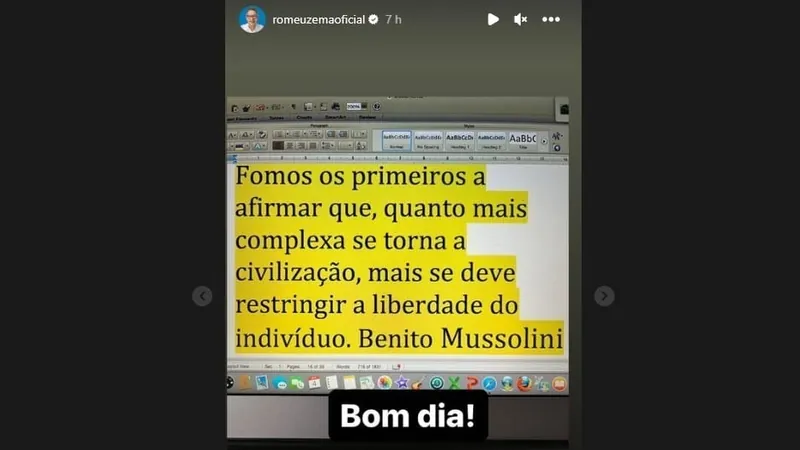 Governador Romeu Zema cita frase de líder fascista nas redes sociais