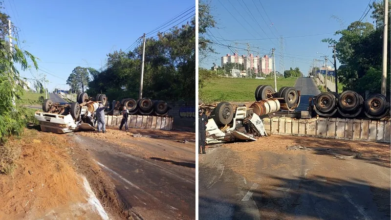 Caminhão com 27 toneladas de areia tomba em avenida de Americana