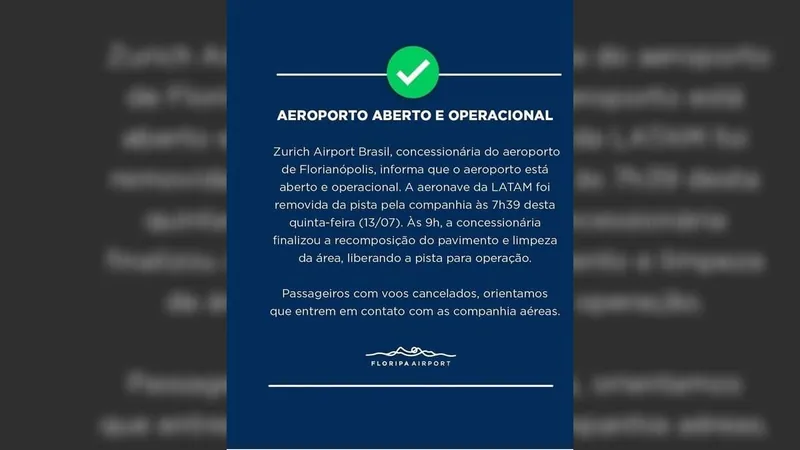 Avião que derrapou na pista é retirado e Aeroporto de Florianópolis é reaberto