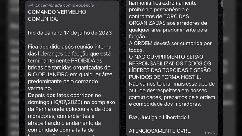 Comunicado de facção proíbe brigas de torcidas em áreas de influência do grupo