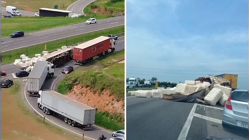 Carreta carregada com 41 toneladas de algodão tomba em rodovia de Jundiaí