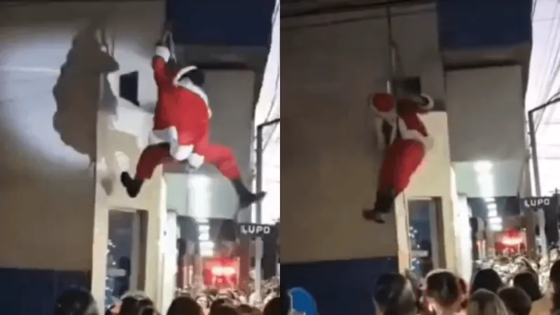 Papai Noel chega de rapel e enrosca barba em prédio em Minas Gerais