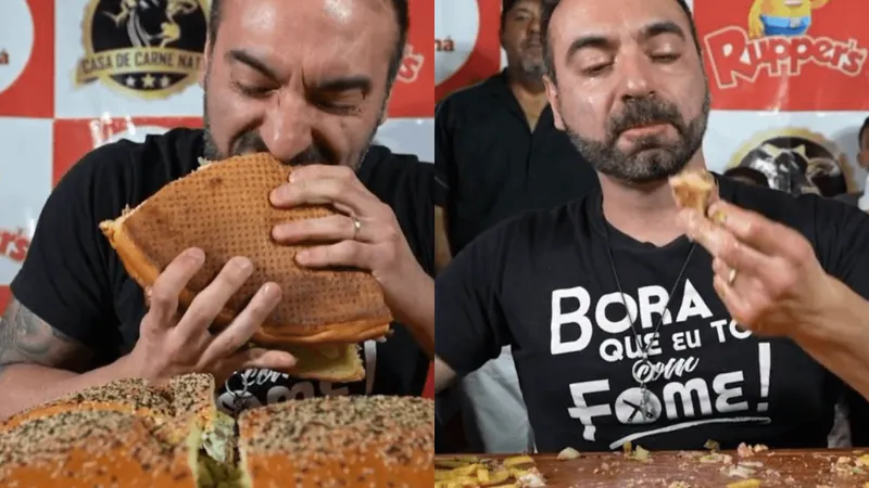 Vídeo mostra influenciador comendo sanduíche de 5kg e vencendo desafio