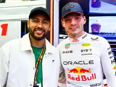 Neymar marca presença no GP do Bahrein, visita a Red Bull e tieta Max Verstappen