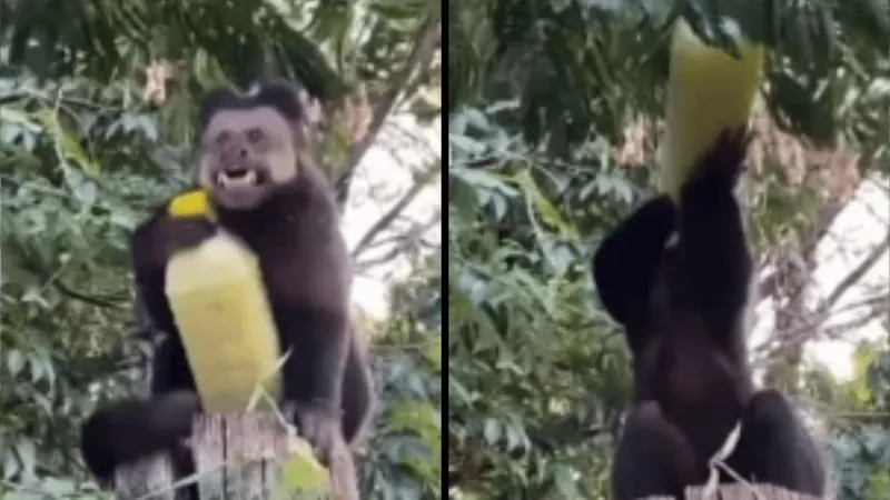 Macaco 'rouba' caldo de cana de turista e debocha dando risada