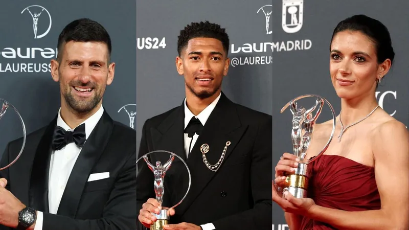 Novak Djokovic, Jude Bellingham e Aitana Bonmatí com o Prêmio Laureus