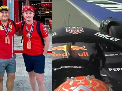 A curiosa interação entre dois fãs da Ferrari e Max Verstappen em Imola 