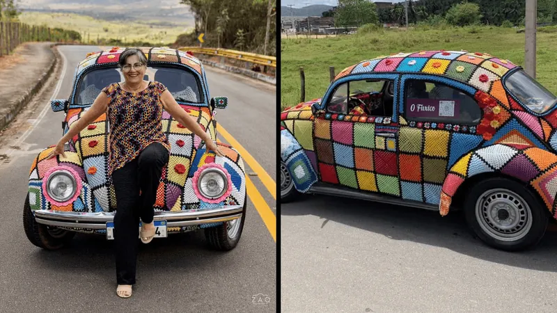 Aposentada compra fusca e decora todo o carro com crochê