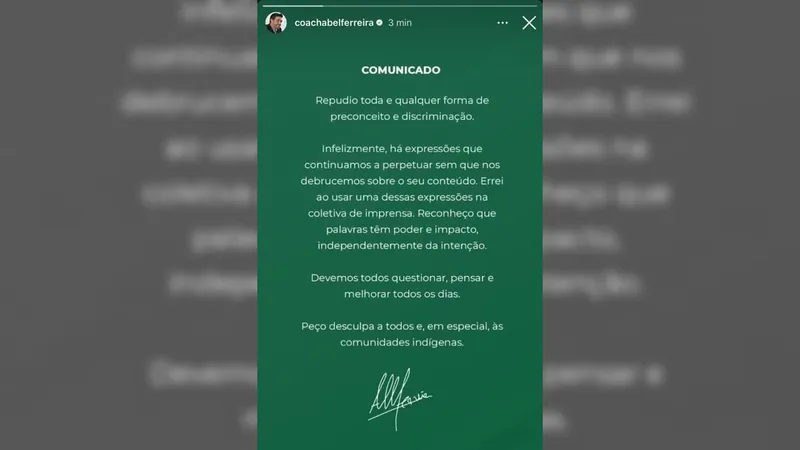 Abel, do Palmeiras, se desculpa após fala xenofóbica; confira nota