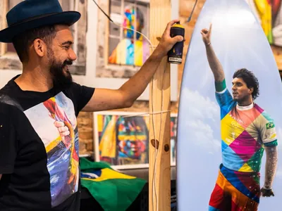 Artista Kobra homenageia Gabriel Medina com pintura em prancha