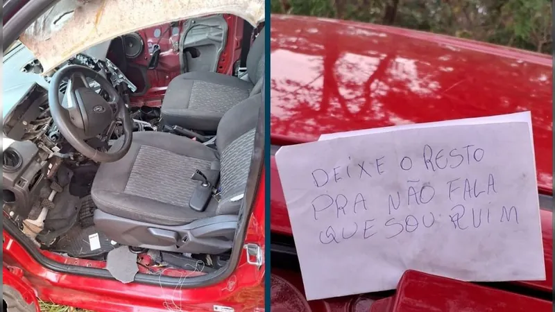 Carro roubado é encontrado depenado e com bilhete inusitado em Jundiaí