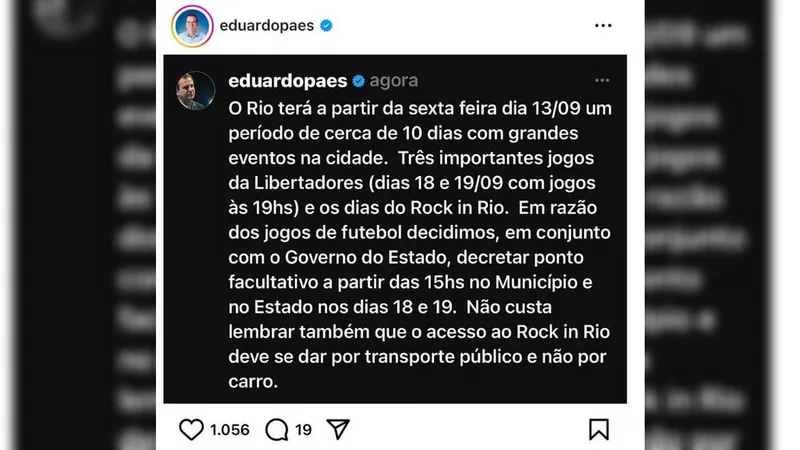 Rio terá ponto facultativo devido ao Rock In Rio e jogos da Libertadores, diz Paes