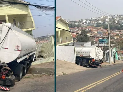 Caminhão com 35 mil L de combustível perde freio e atinge portão de casa em Piracicaba