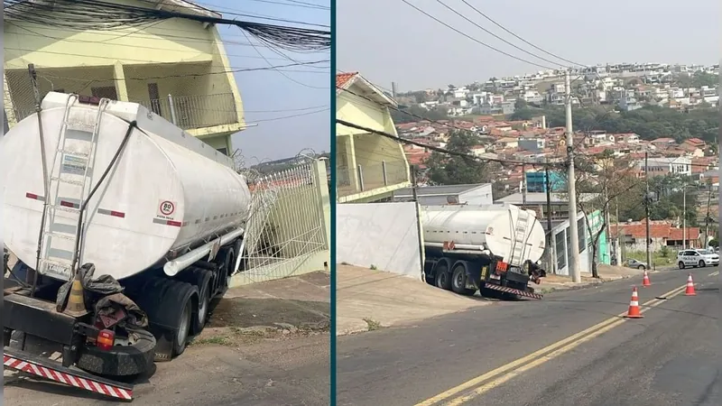 Caminhão com 35 mil L de combustível perde freio e atinge portão de casa em Piracicaba