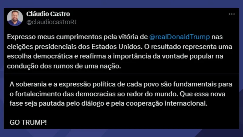 Cláudio Castro parabeniza Donald Trump pela vitória nas eleições presidenciais americanas