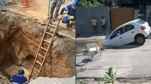 Carro de motorista de aplicativo é “engolido” por buraco em rua de Campinas