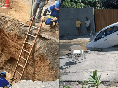 Carro de motorista de aplicativo é “engolido” por buraco em rua de Campinas