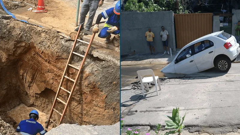 Carro de motorista de aplicativo é “engolido” por buraco em rua de Campinas