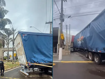 Carreta carregada com produtos de limpeza invade imobiliária em Paulínia