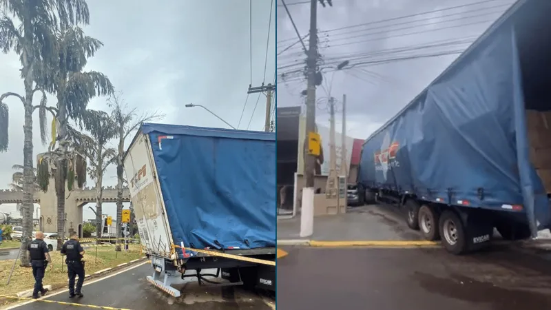 Carreta carregada com produtos de limpeza invade imobiliária em Paulínia