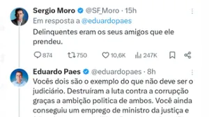 O prefeito do Rio, Eduardo Paes, e o senador Sérgio Moro trocam ofensas na internet