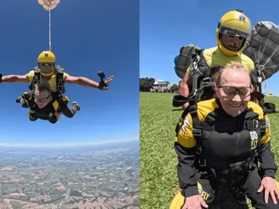 Idosa comemora aniversário de 90 anos com salto de paraquedas