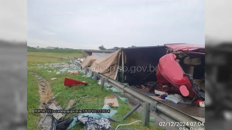 Carreta com garrafas de refrigerante e água tomba em rodovia de Sorocaba