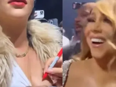 Mariah Carey autografa seio de Rihanna durante show de Natal