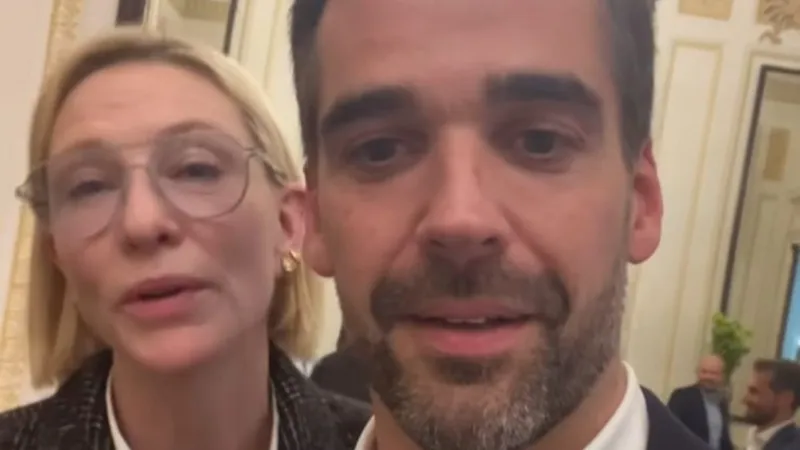 Cate Blanchett se encontra com Eduardo Leite e vira meme ao brincar com marido dele