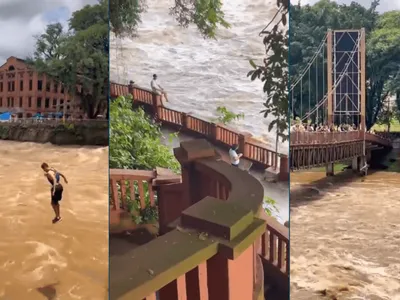 Jovens se arriscam ao saltar no Rio Piracicaba após afluente entrar em estado de emergência