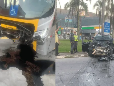 Casal fica ferido após carro colidir de frente com um ônibus na Rio-Santos em Caraguatatuba