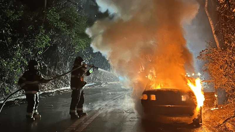 Carro fica totalmente destruído após pegar fogo na Rio-Santos em São Sebastião