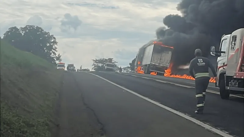 Caminhão carregado com carne pega fogo na região de Nova Granada