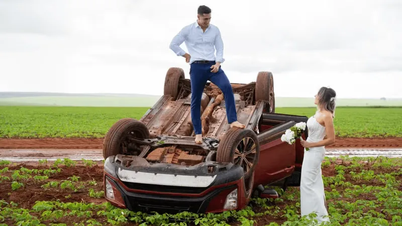 Casal aproveita capotamento de carro para fazer ensaio fotográfico