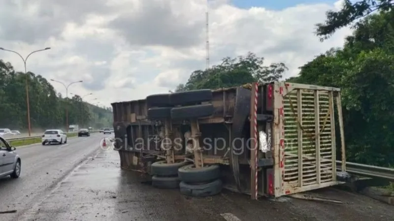 Carreta com 40 toneladas de madeira tomba em rodovia de Araçariguama