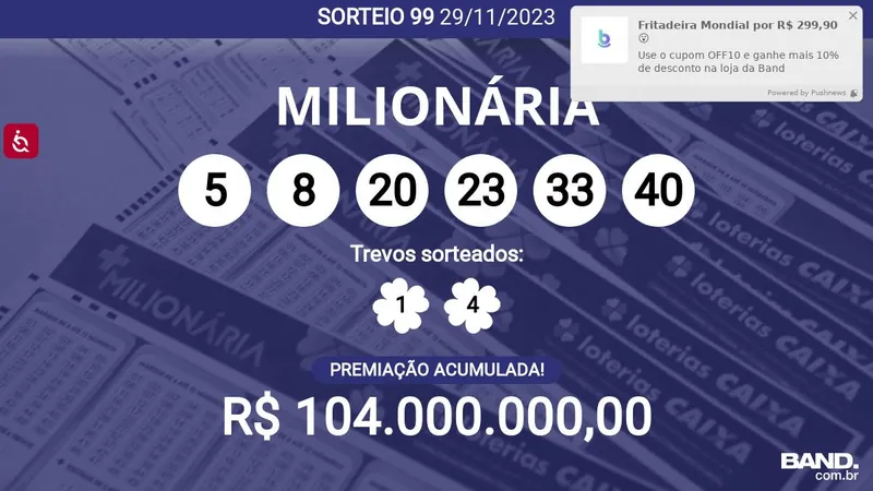 Ninguém ganhou! + Milionária 99 acumula e pode pagar R$ 104 milhões; veja dezenas