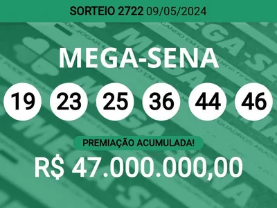 Acumulou! Confira as dezenas sorteadas na Mega-Sena 2722; prêmio pode chegar a R$ 47 milhões