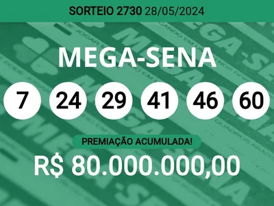 Acumulou! Confira as dezenas sorteadas na Mega-Sena 2730; prêmio pode chegar a R$ 80 milhões
