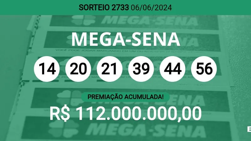 Acumulou! Confira as dezenas sorteadas na Mega-Sena 2733; prêmio pode chegar a R$ 112 milhões