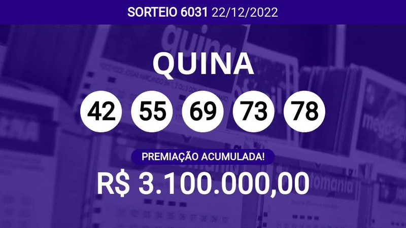 Quina 6031 acumula e prêmio pode chegar a R$ 3,1 milhões; veja dezenas