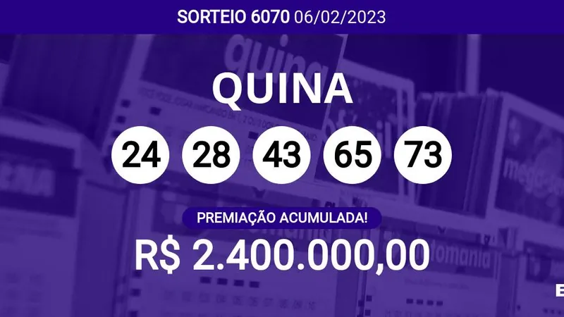 Sorteio da Quina 6070 acumula e pode pagar R$ 2,4 milhões; veja dezenas