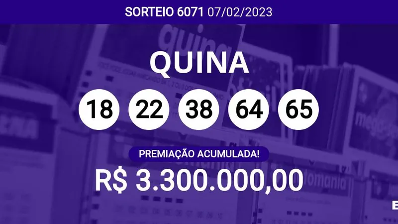 Sorteio da Quina 6071 acumula e pode pagar R$ 3,3 milhões; veja dezenas