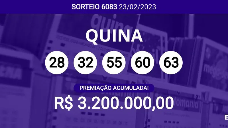 Sorteio da Quina 6083 acumula e pode pagar R$ 3,2 milhões; veja dezenas